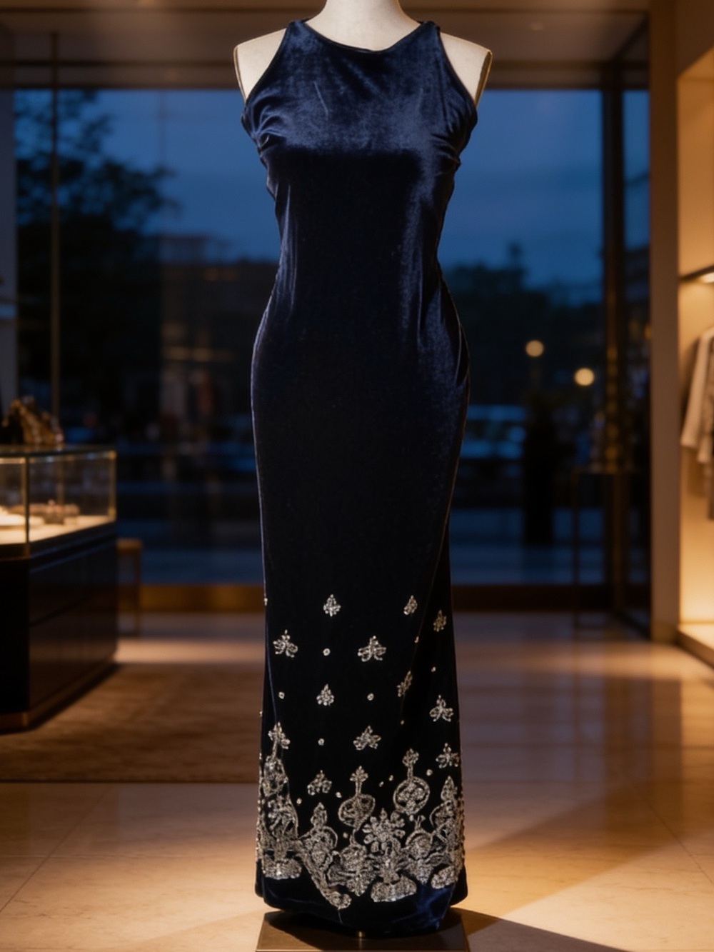Vintage royal blue,Velvet,slinky,slip dress,Maxi length,beaded,embellished,EUC